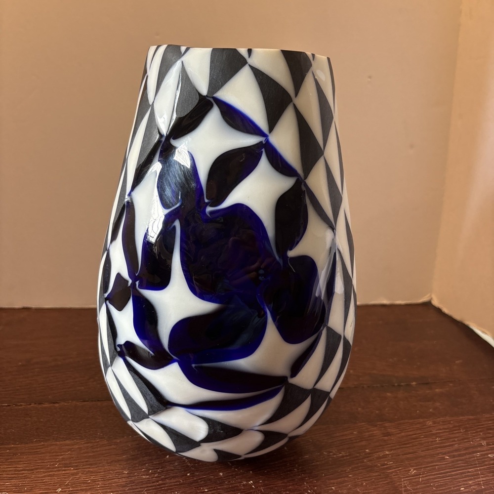 Hand-Blown Studio Art Glass Vase 10.+"Asymmetrical Murrine Style Blk, Wht,Cobolt